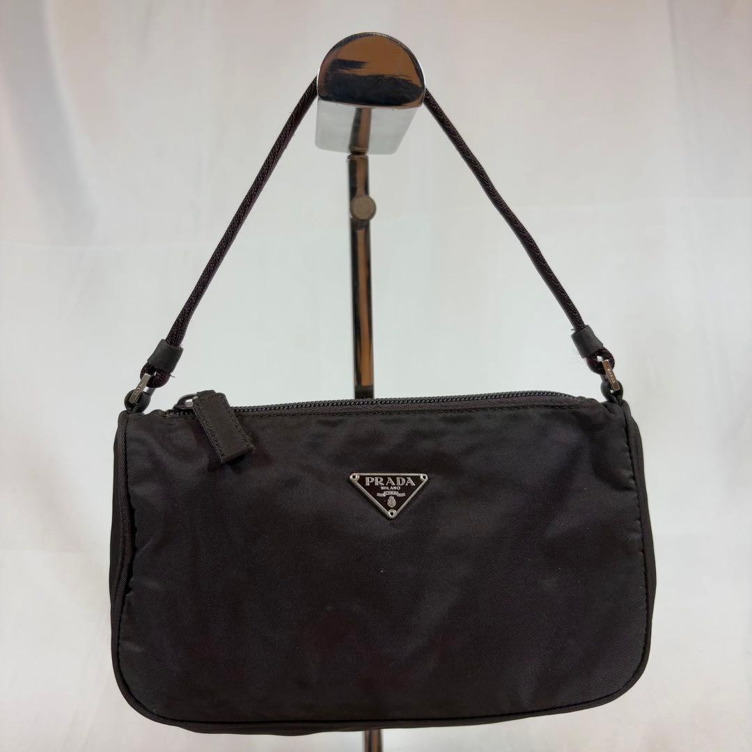 PRADA Accessory Pouch Hand Bag Tote Purse Logo Nylon Dark Brown Authentic