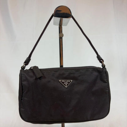 PRADA Accessory Pouch Hand Bag Tote Purse Logo Nylon Dark Brown Authentic