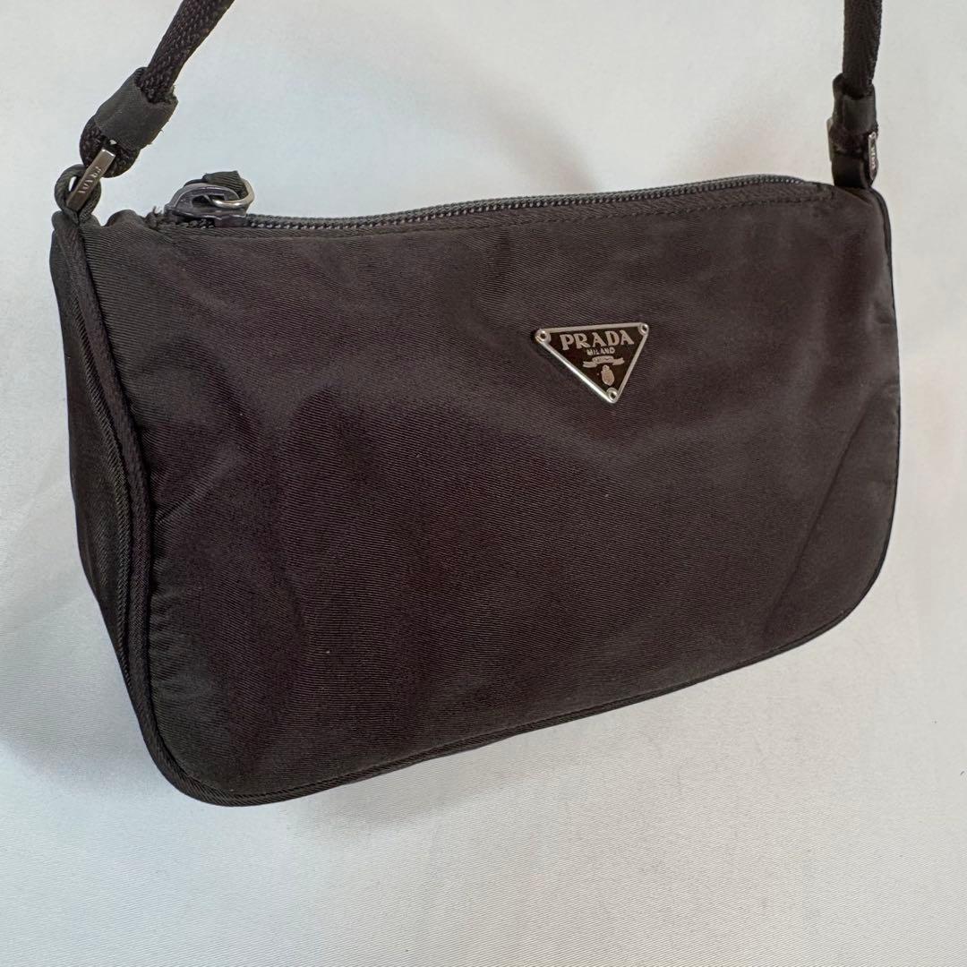 PRADA Accessory Pouch Hand Bag Tote Purse Logo Nylon Dark Brown Authentic