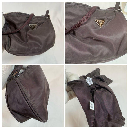 PRADA Accessory Pouch Hand Bag Tote Purse Logo Nylon Dark Brown Authentic