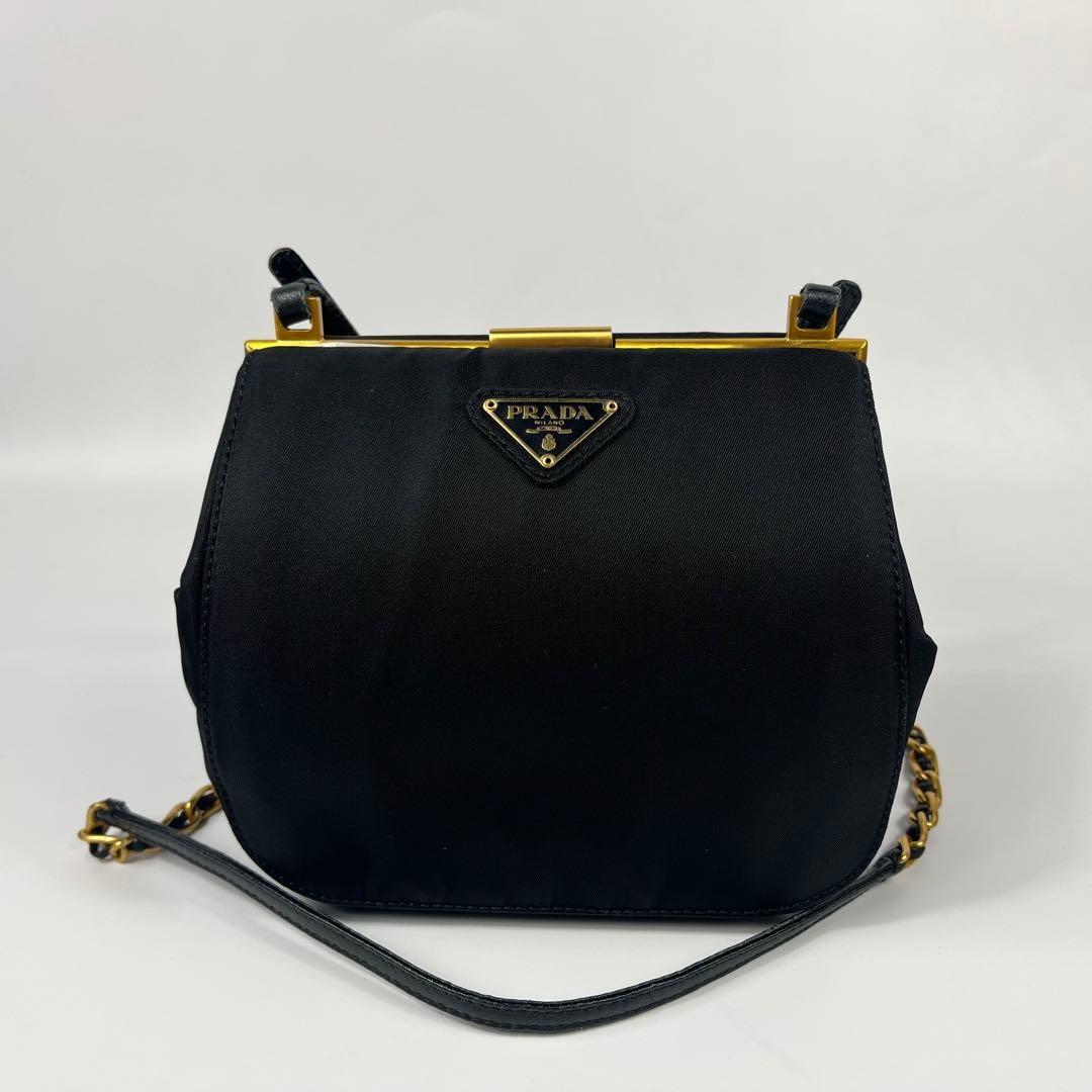 PRADA Shoulder Bag Purse Chain Logo Nylon Black Authentic