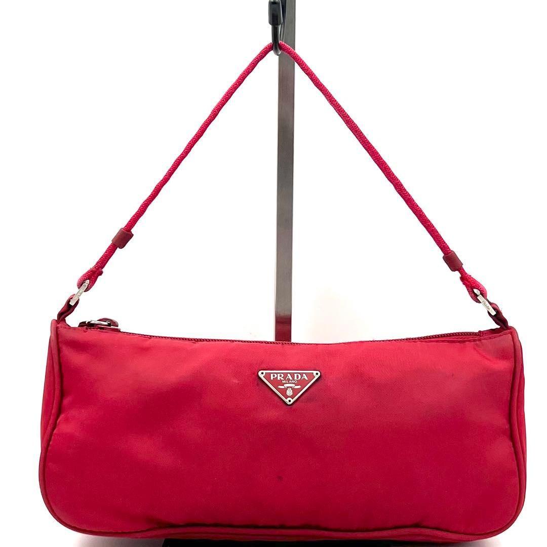 PRADA Accessory Pouch Hand Bag Tote Purse Logo Nylon Red Authentic