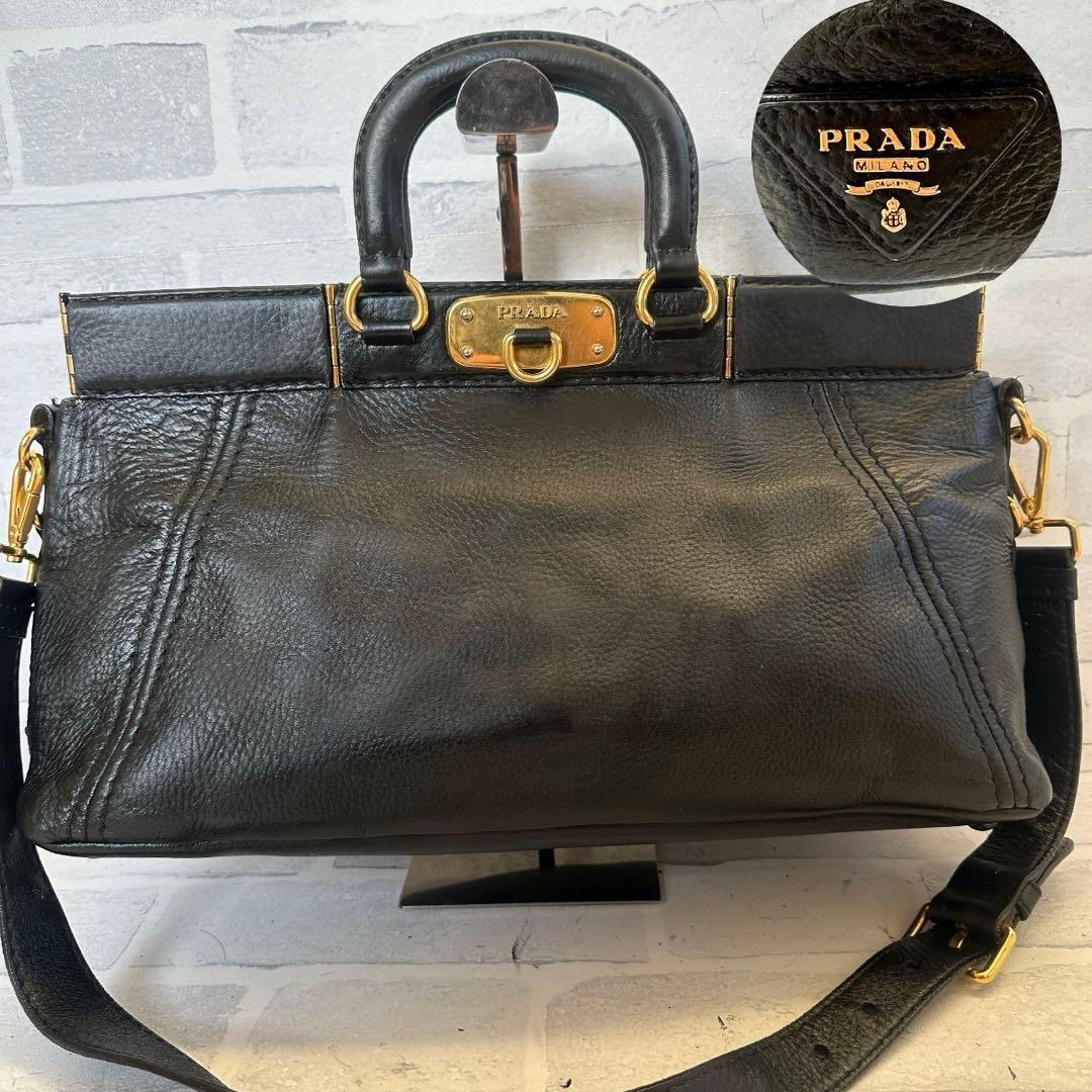 PRADA Hand Shoulder Bag Tote Purse 2way Logo Leather Black Authentic