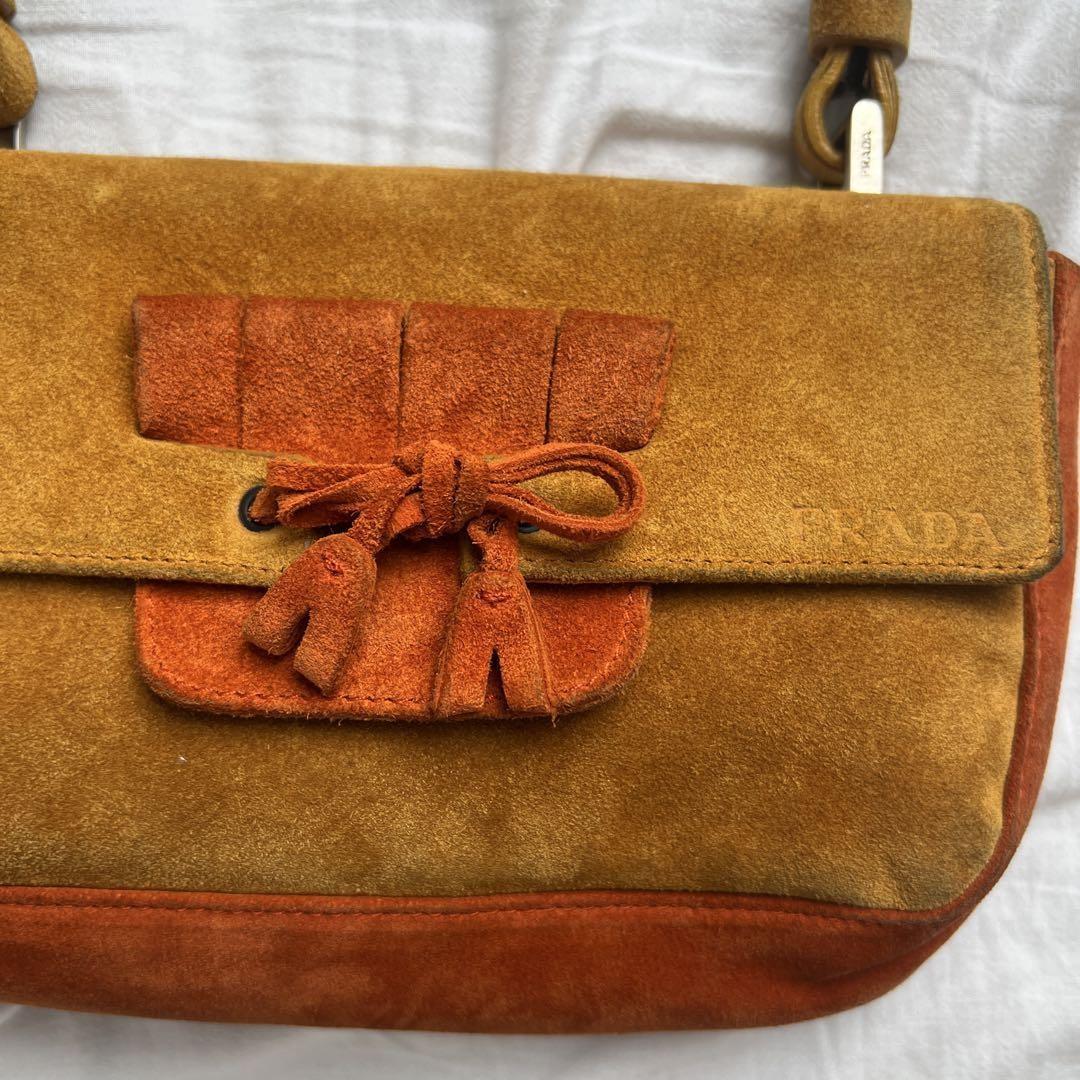 PRADA Shoulder Bag Purse Ribbon Suede Orange Brown Authentic