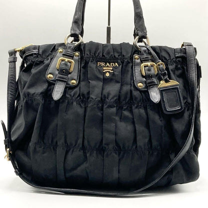 PRADA Hand Shoulder Bag Tote Purse 2way Nylon Leather Black Authentic