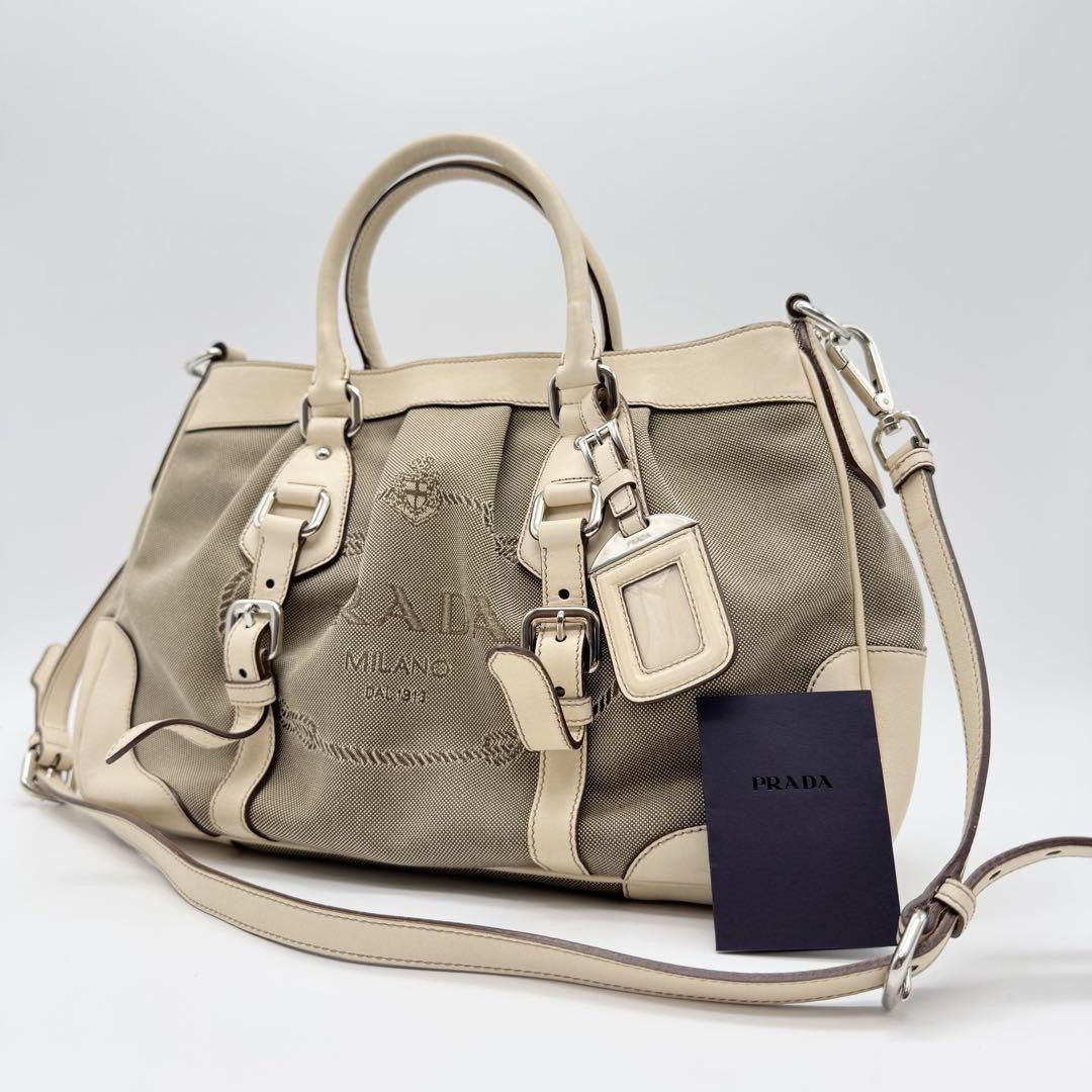 PRADA Hand Shoulder Bag Tote Purse 2way Canvas Leather Beige Authentic