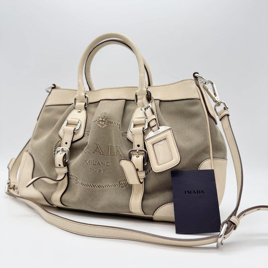 PRADA Hand Shoulder Bag Tote Purse 2way Canvas Leather Beige Authentic