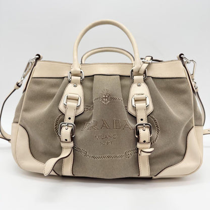 PRADA Hand Shoulder Bag Tote Purse 2way Canvas Leather Beige Authentic
