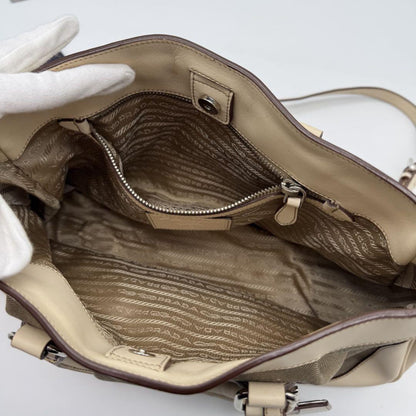 PRADA Hand Shoulder Bag Tote Purse 2way Canvas Leather Beige Authentic