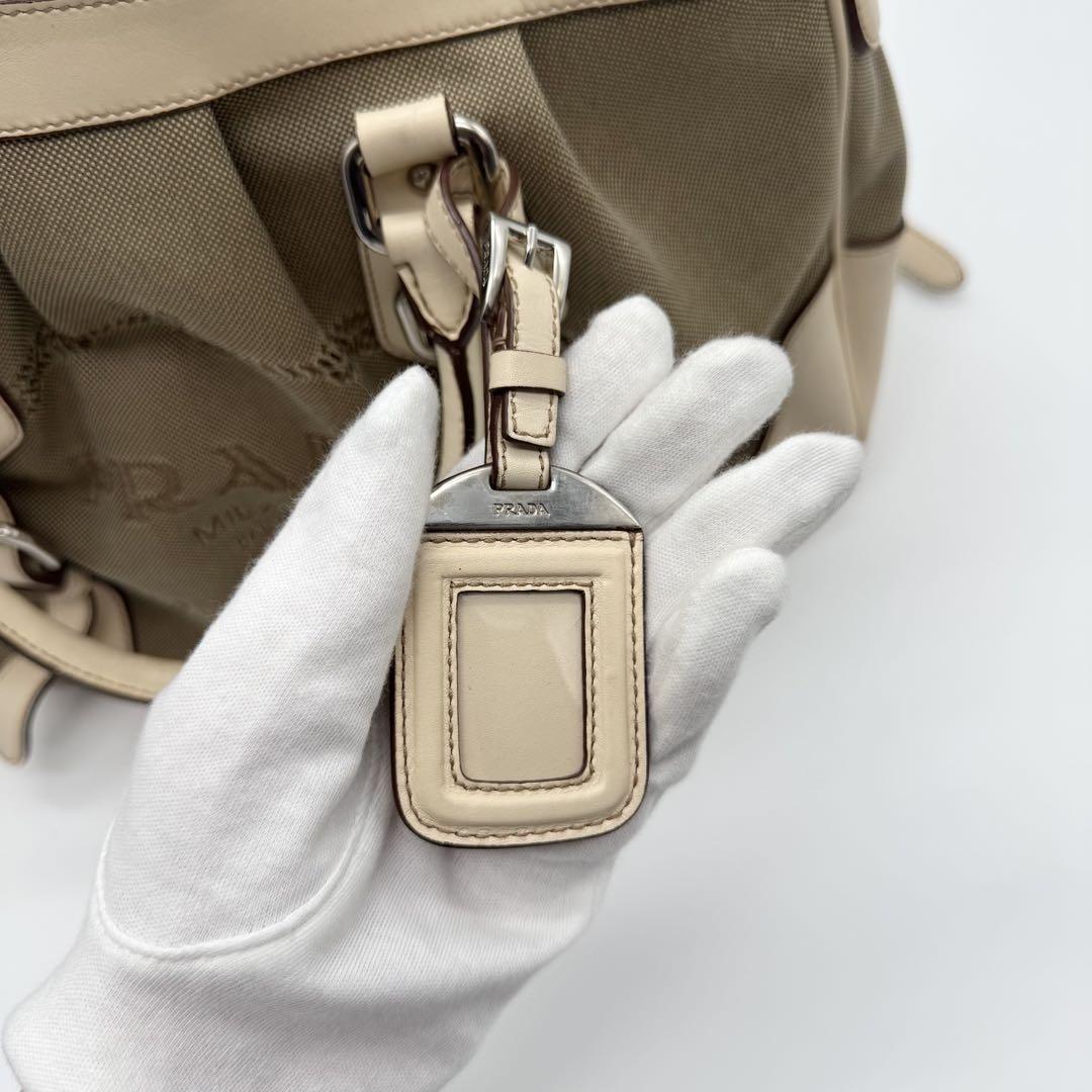 PRADA Hand Shoulder Bag Tote Purse 2way Canvas Leather Beige Authentic