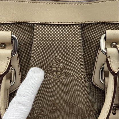 PRADA Hand Shoulder Bag Tote Purse 2way Canvas Leather Beige Authentic