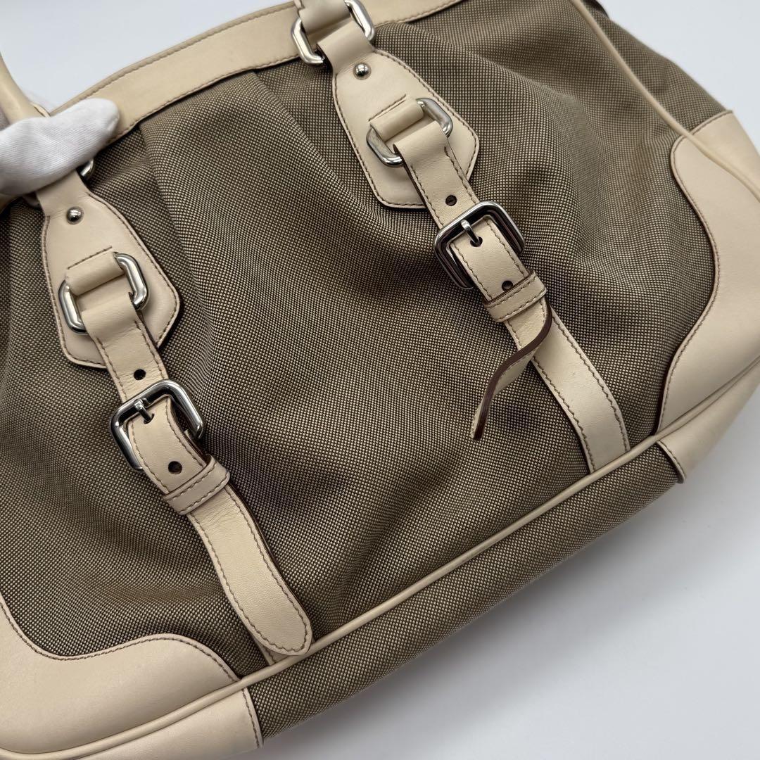 PRADA Hand Shoulder Bag Tote Purse 2way Canvas Leather Beige Authentic