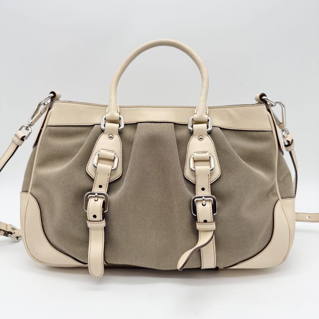 PRADA Hand Shoulder Bag Tote Purse 2way Canvas Leather Beige Authentic