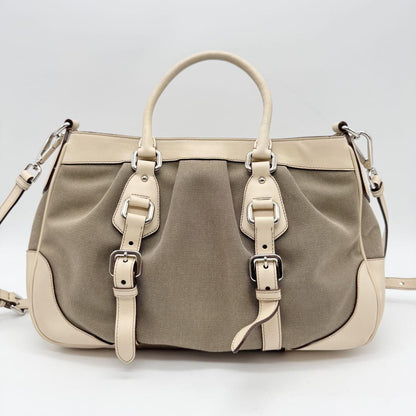 PRADA Hand Shoulder Bag Tote Purse 2way Canvas Leather Beige Authentic