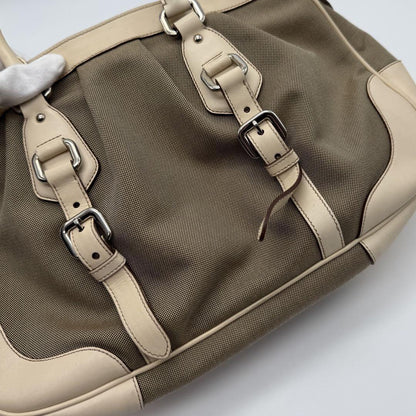 PRADA Hand Shoulder Bag Tote Purse 2way Canvas Leather Beige Authentic