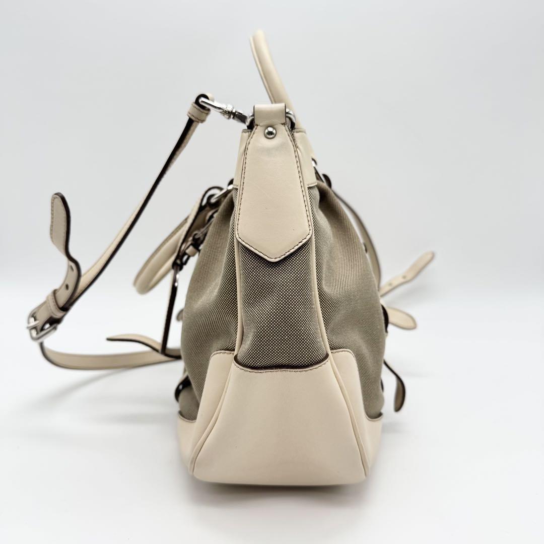 PRADA Hand Shoulder Bag Tote Purse 2way Canvas Leather Beige Authentic