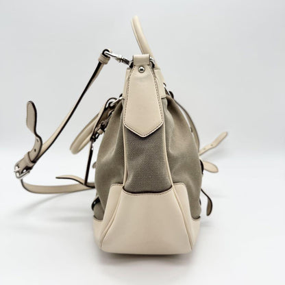 PRADA Hand Shoulder Bag Tote Purse 2way Canvas Leather Beige Authentic
