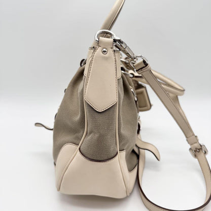 PRADA Hand Shoulder Bag Tote Purse 2way Canvas Leather Beige Authentic