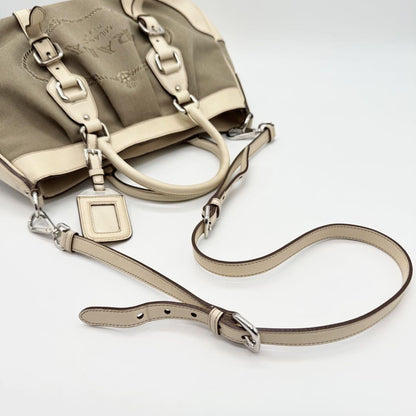 PRADA Hand Shoulder Bag Tote Purse 2way Canvas Leather Beige Authentic