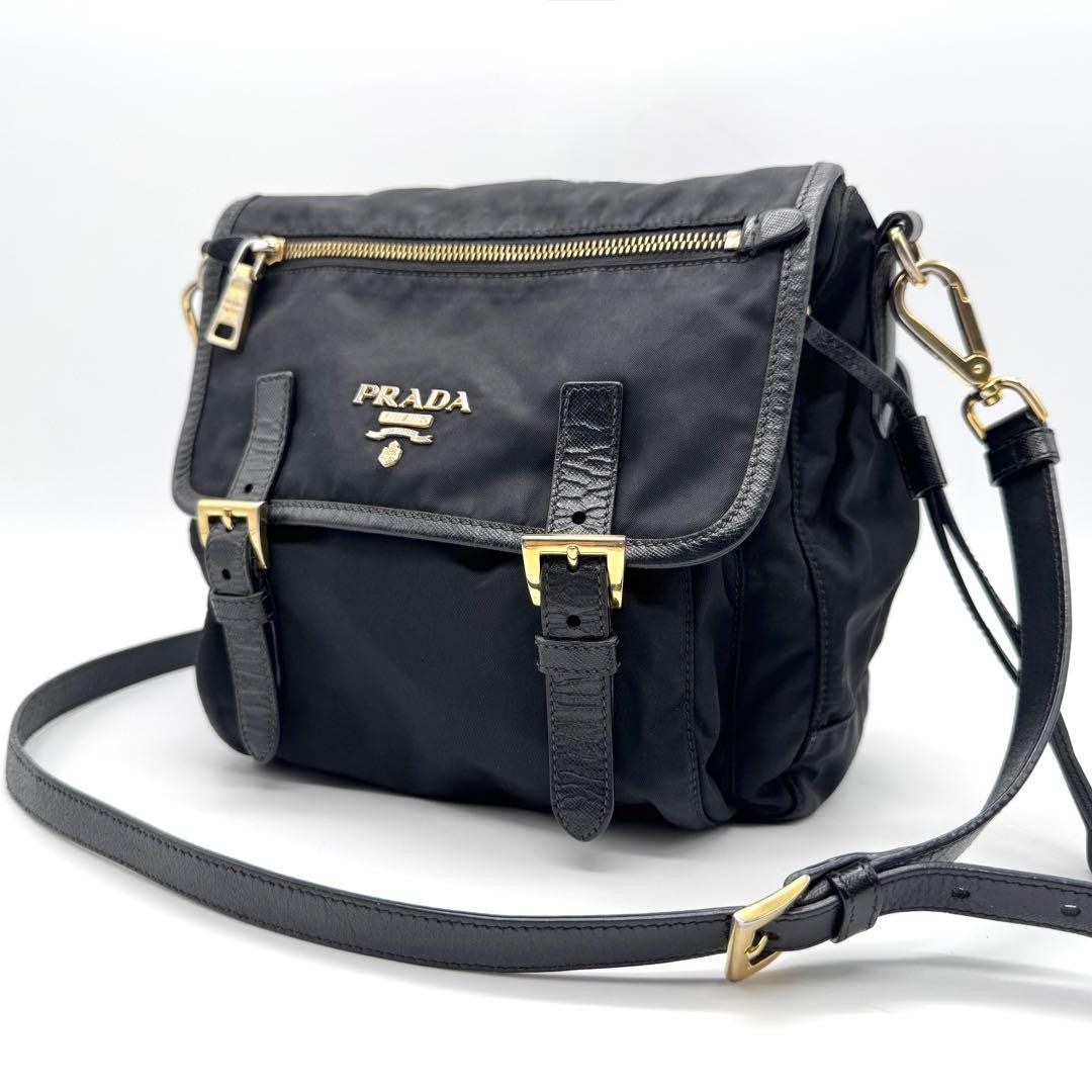 PRADA Shoulder Bag Purse Nylon Leather Black Authentic