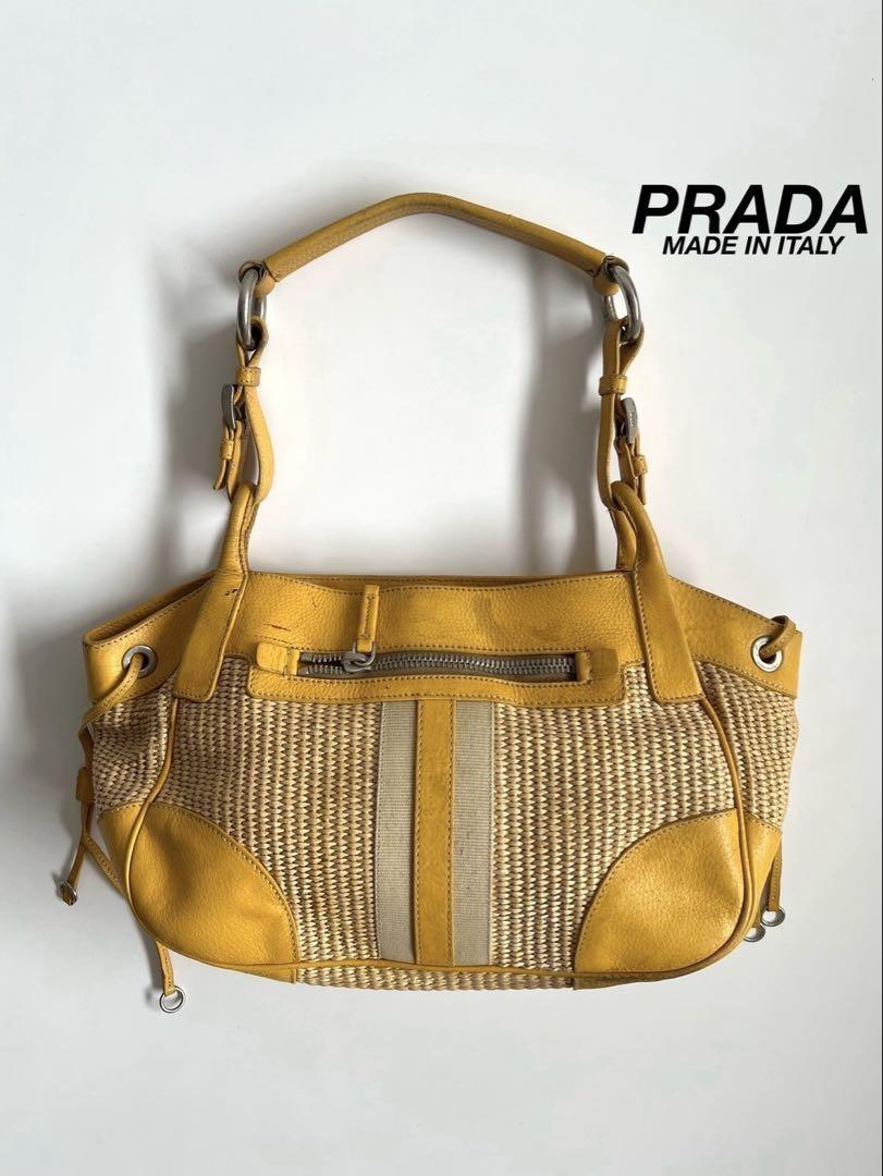 PRADA Shoulder Bag Purse VITELLO DIANO WOVEN Yellow Authentic