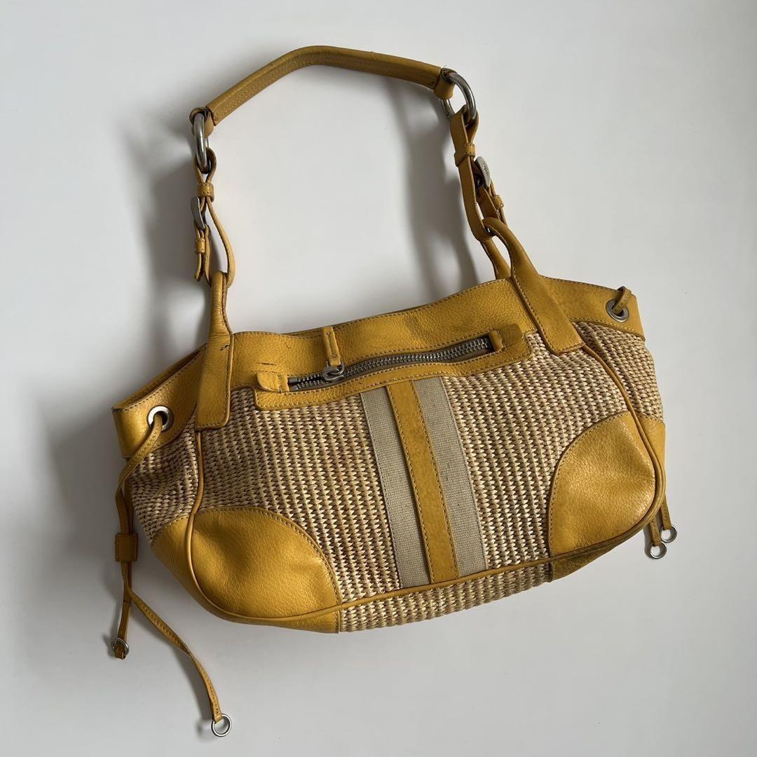 PRADA Shoulder Bag Purse VITELLO DIANO WOVEN Yellow Authentic