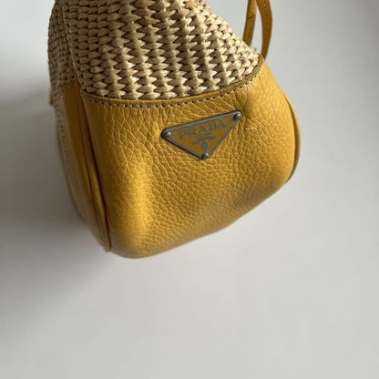 PRADA Shoulder Bag Purse VITELLO DIANO WOVEN Yellow Authentic