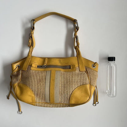 PRADA Shoulder Bag Purse VITELLO DIANO WOVEN Yellow Authentic