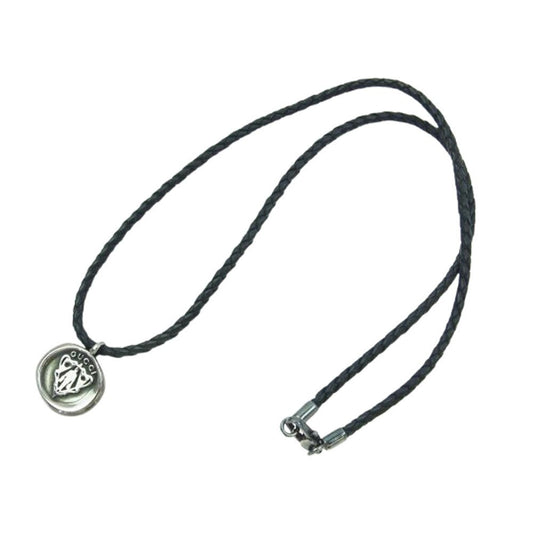 GUCCI Necklace Pendant Crest Coin Leather Black Silver Men Accessory Authentic