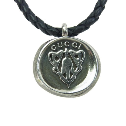 GUCCI Necklace Pendant Crest Coin Leather Black Silver Men Accessory Authentic