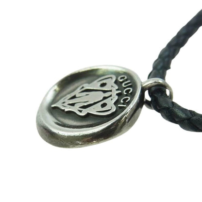 GUCCI Necklace Pendant Crest Coin Leather Black Silver Men Accessory Authentic