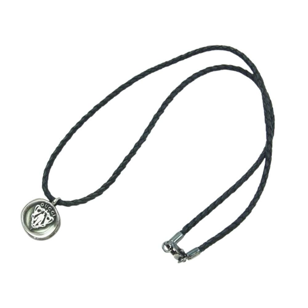 GUCCI Necklace Pendant Crest Coin Leather Black Silver Men Accessory Authentic
