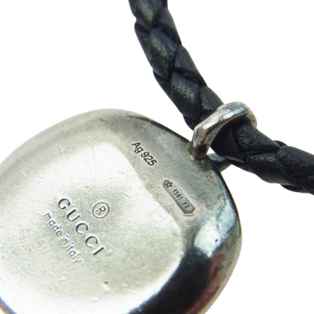 GUCCI Necklace Pendant Crest Coin Leather Black Silver Men Accessory Authentic