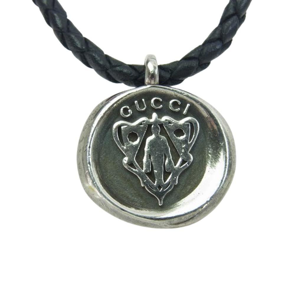 GUCCI Necklace Pendant Crest Coin Leather Black Silver Men Accessory Authentic