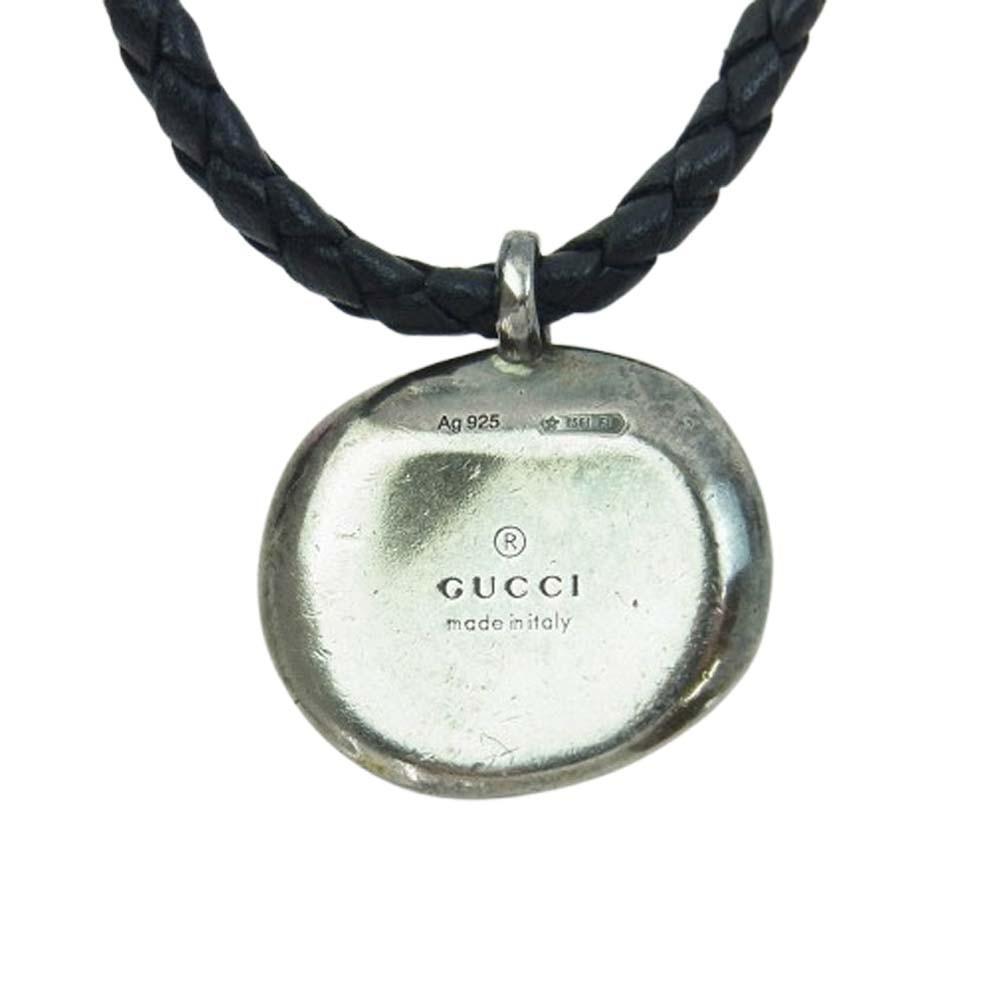 GUCCI Necklace Pendant Crest Coin Leather Black Silver Men Accessory Authentic