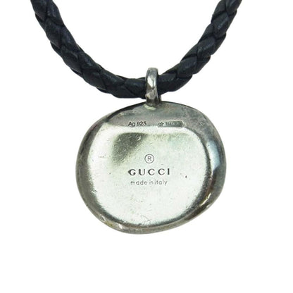 GUCCI Necklace Pendant Crest Coin Leather Black Silver Men Accessory Authentic