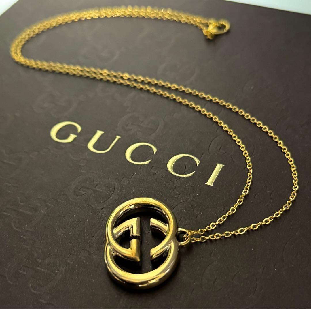 GUCCI Necklace Pendant GG logo charm Gold Men Accessory Authentic