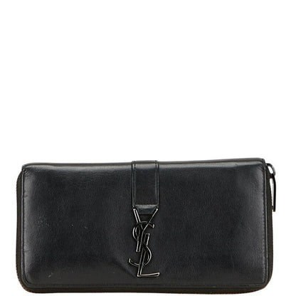 Saint Laurent Round Zip Long Wallet Purse YSL Cassandra Leather Black Auth
