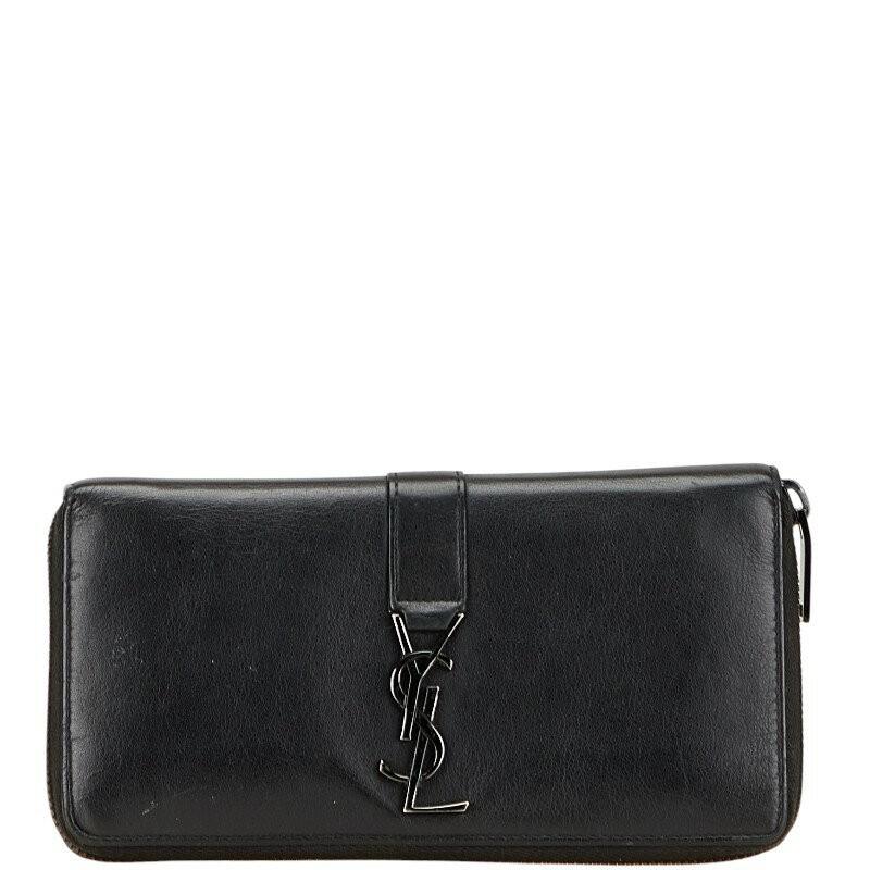 Saint Laurent Round Zip Long Wallet Purse YSL Cassandra Leather Black Auth