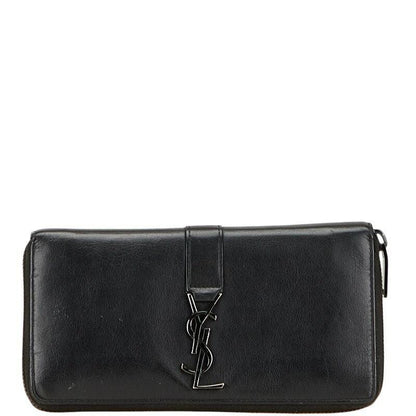 Saint Laurent Round Zip Long Wallet Purse YSL Cassandra Leather Black Auth