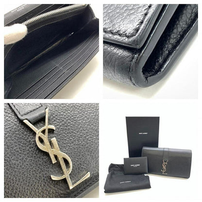 Saint Laurent Flap Wallet Long Purse YSL Cassandra Leather Black Authentic