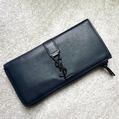 Saint Laurent Flap Wallet Long Purse YSL Cassandra Leather Dark Navy Authentic