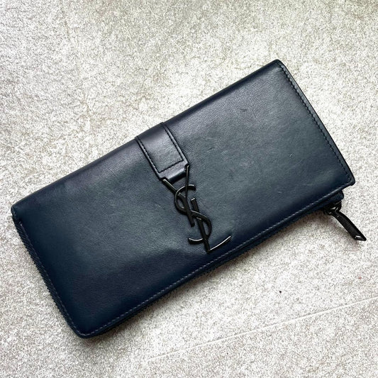 Saint Laurent Flap Wallet Long Purse YSL Cassandra Leather Dark Navy Authentic