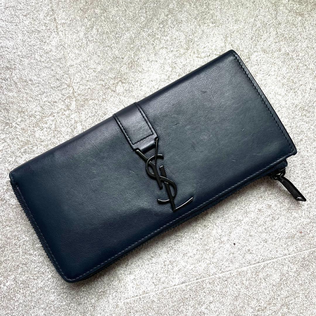 Saint Laurent Flap Wallet Long Purse YSL Cassandra Leather Dark Navy Authentic