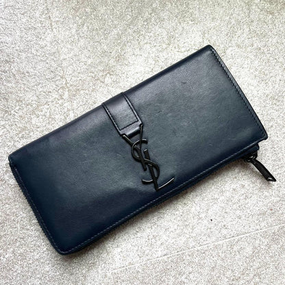Saint Laurent Flap Wallet Long Purse YSL Cassandra Leather Dark Navy Authentic