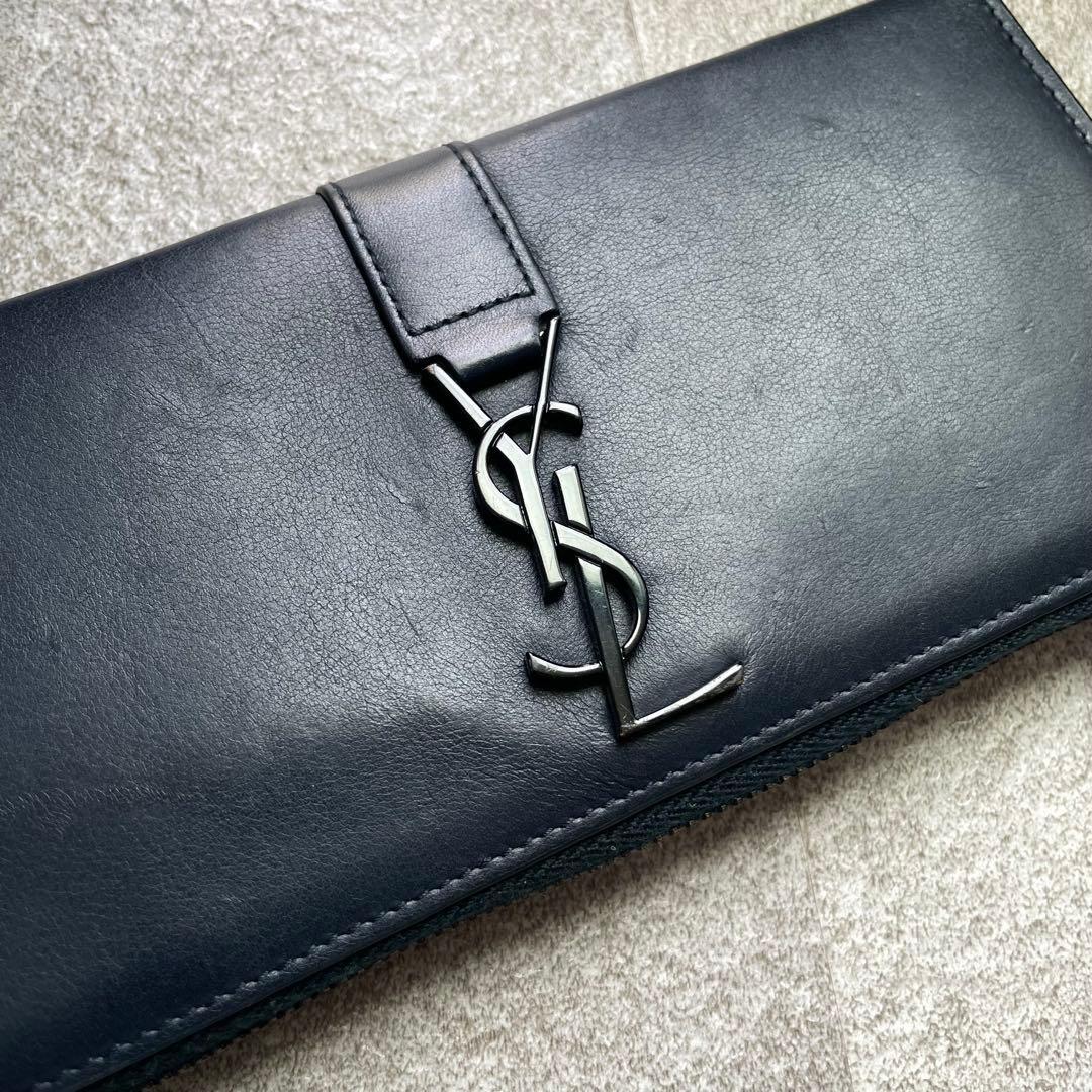 Saint Laurent Flap Wallet Long Purse YSL Cassandra Leather Dark Navy Authentic