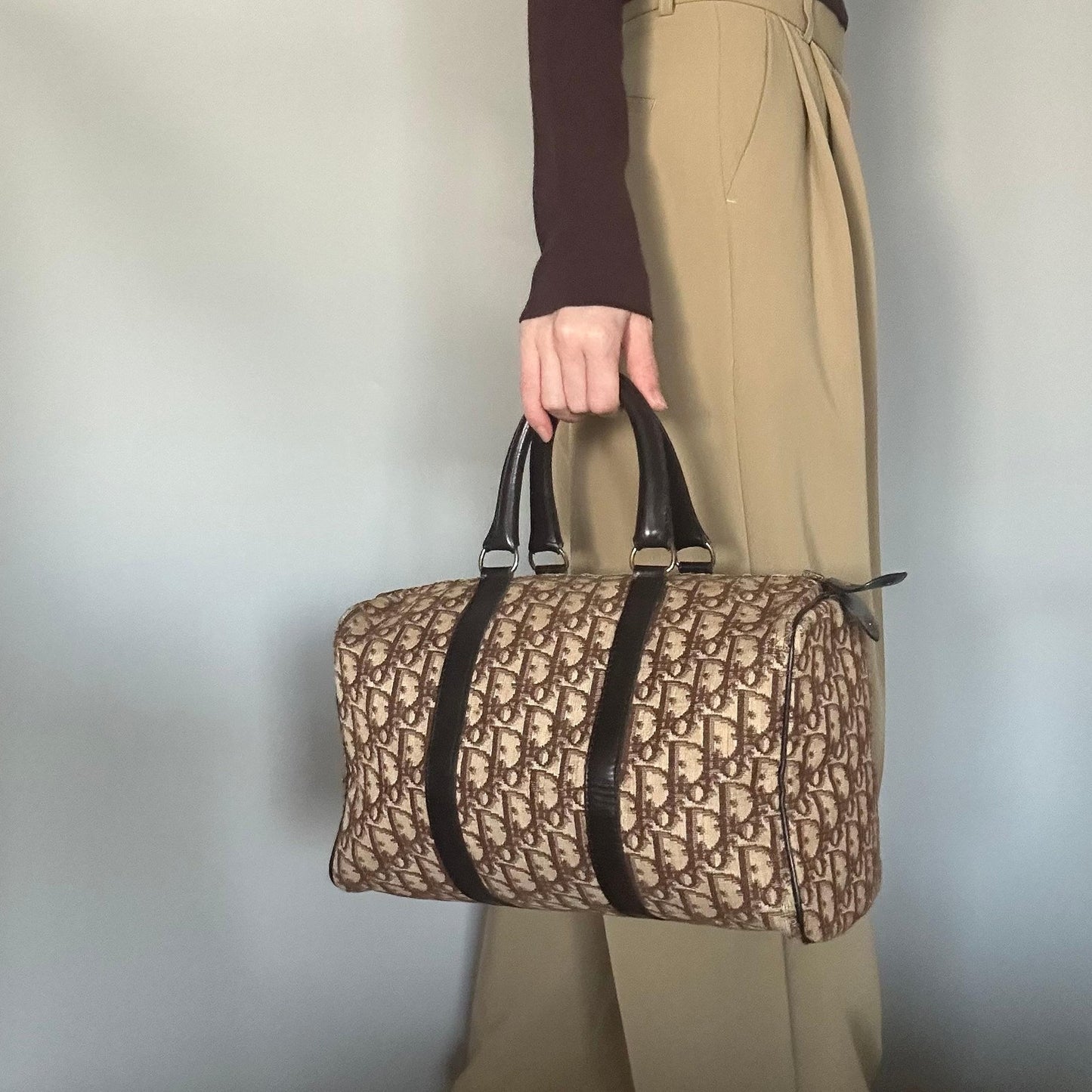 Christian Dior Boston Bag Trotter Handbag Purse Brown Canvas Leather Authentic