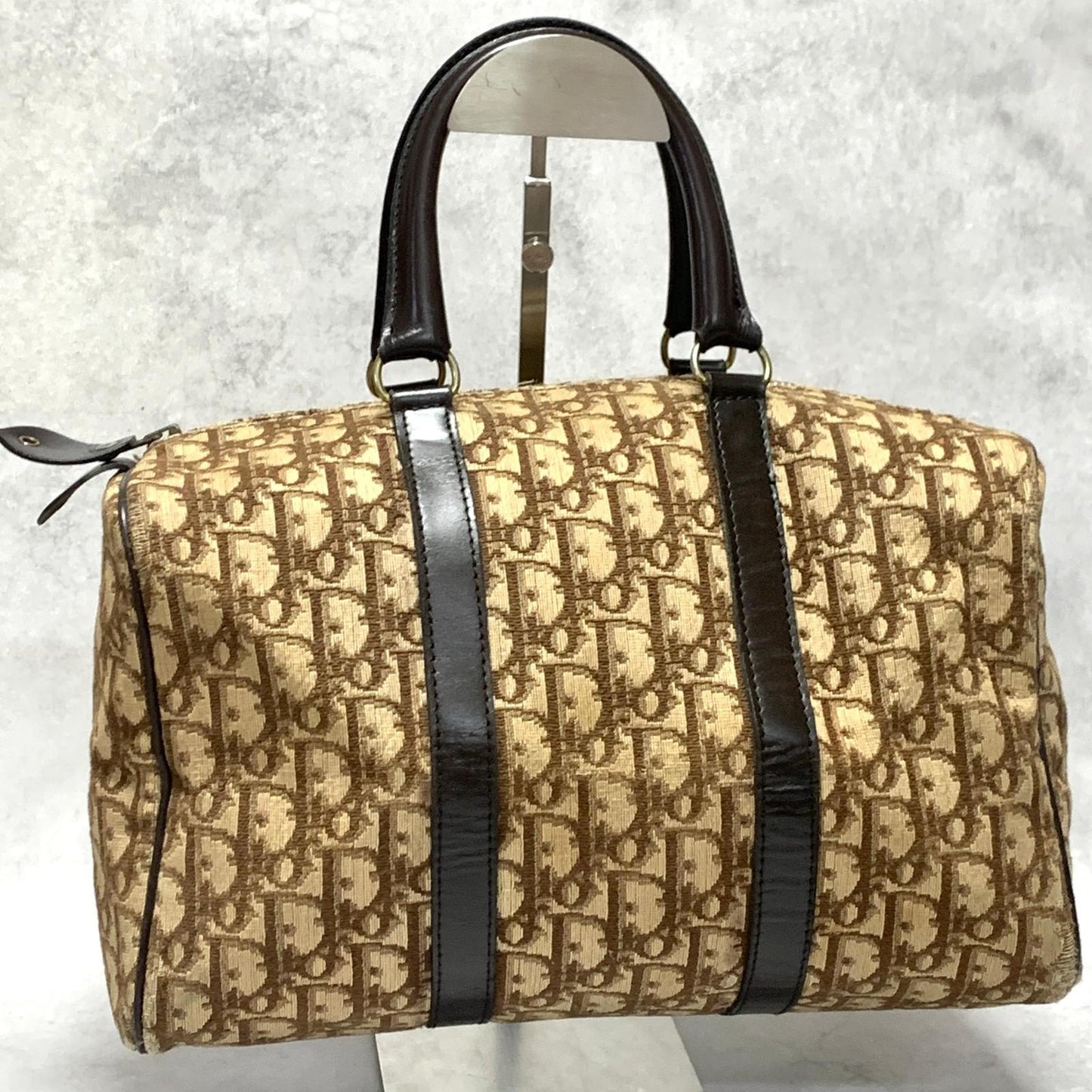 Christian Dior Boston Bag Trotter Handbag Purse Brown Canvas Leather Authentic