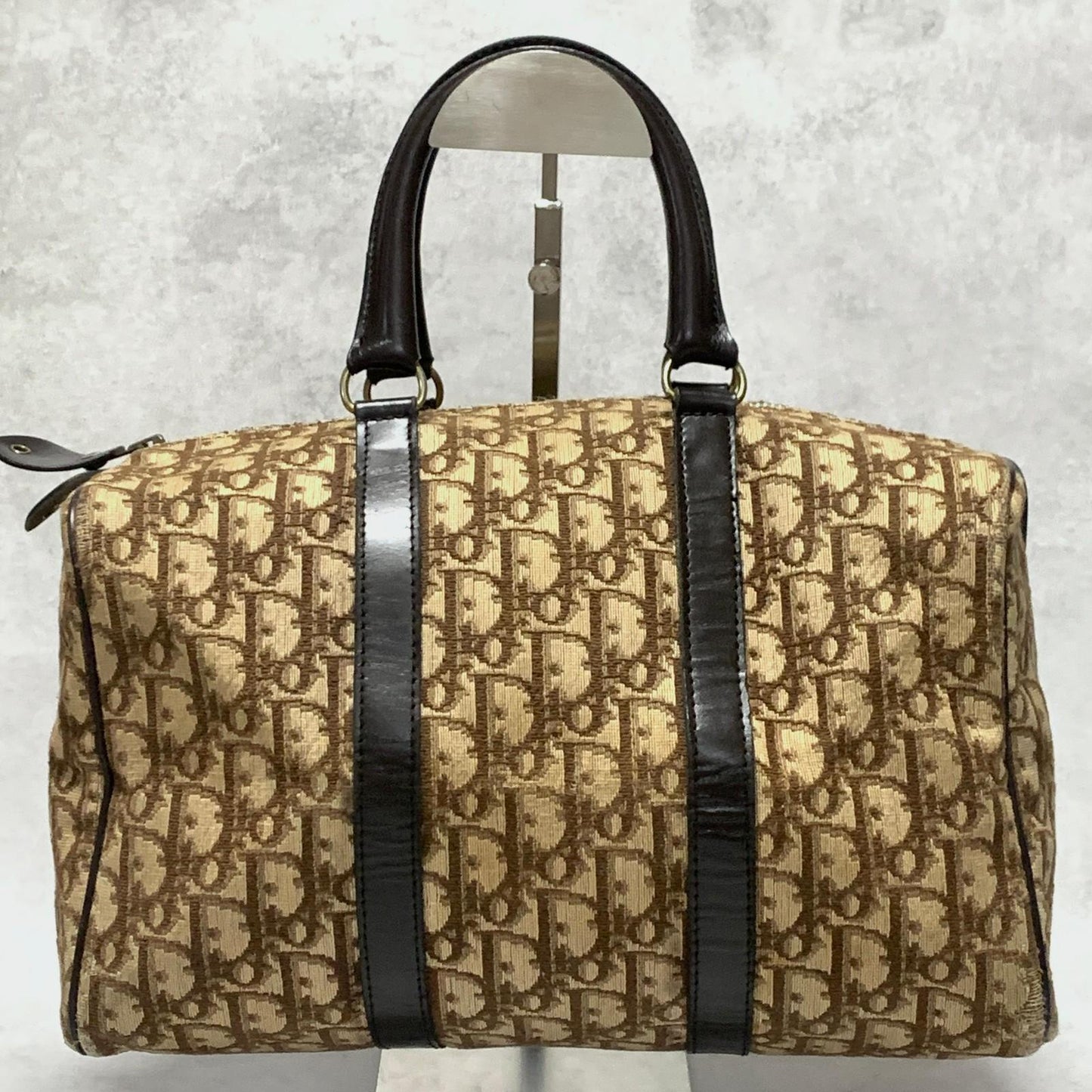 Christian Dior Boston Bag Trotter Handbag Purse Brown Canvas Leather Authentic