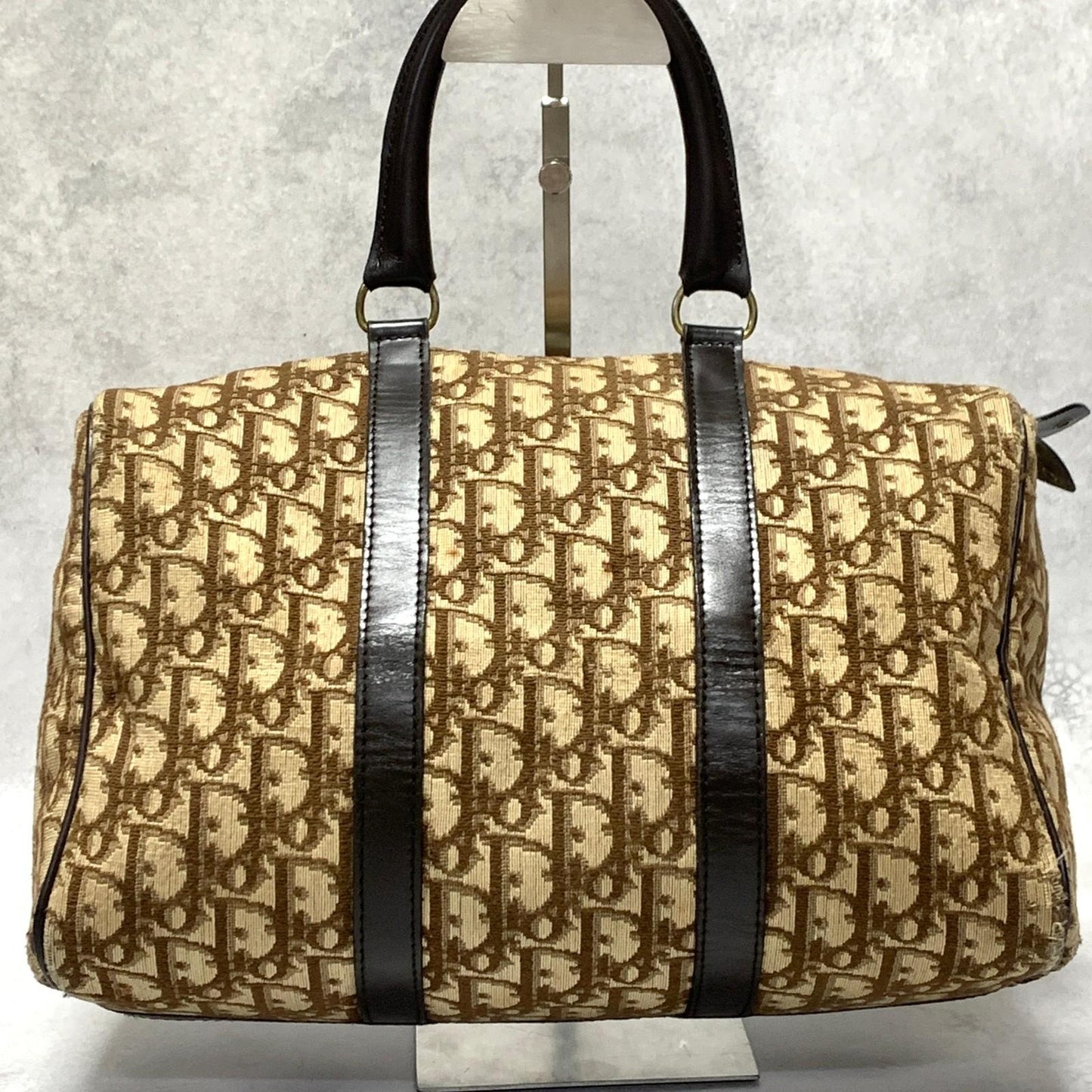 Christian Dior Boston Bag Trotter Handbag Purse Brown Canvas Leather Authentic